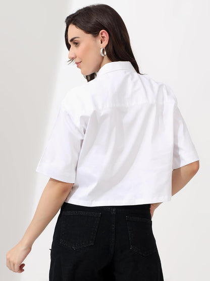 Buttondown Crop Shirt for Women with Pearl Collar & Drop Shoulder Design