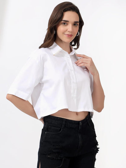 Buttondown Crop Shirt for Women with Pearl Collar & Drop Shoulder Design