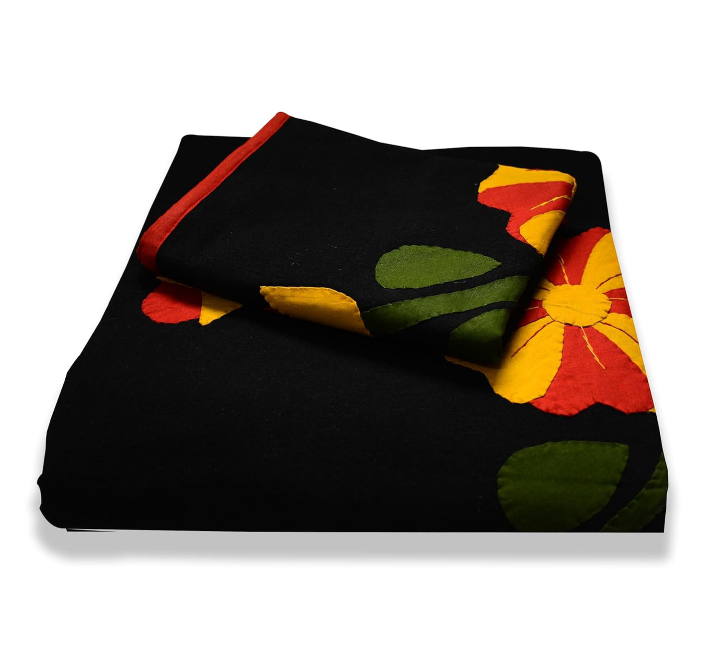 Floral Applique Patchwork Bedsheet Set, King Size Double Bed 90 x 100 Inches, Black with 2 Pillow Covers