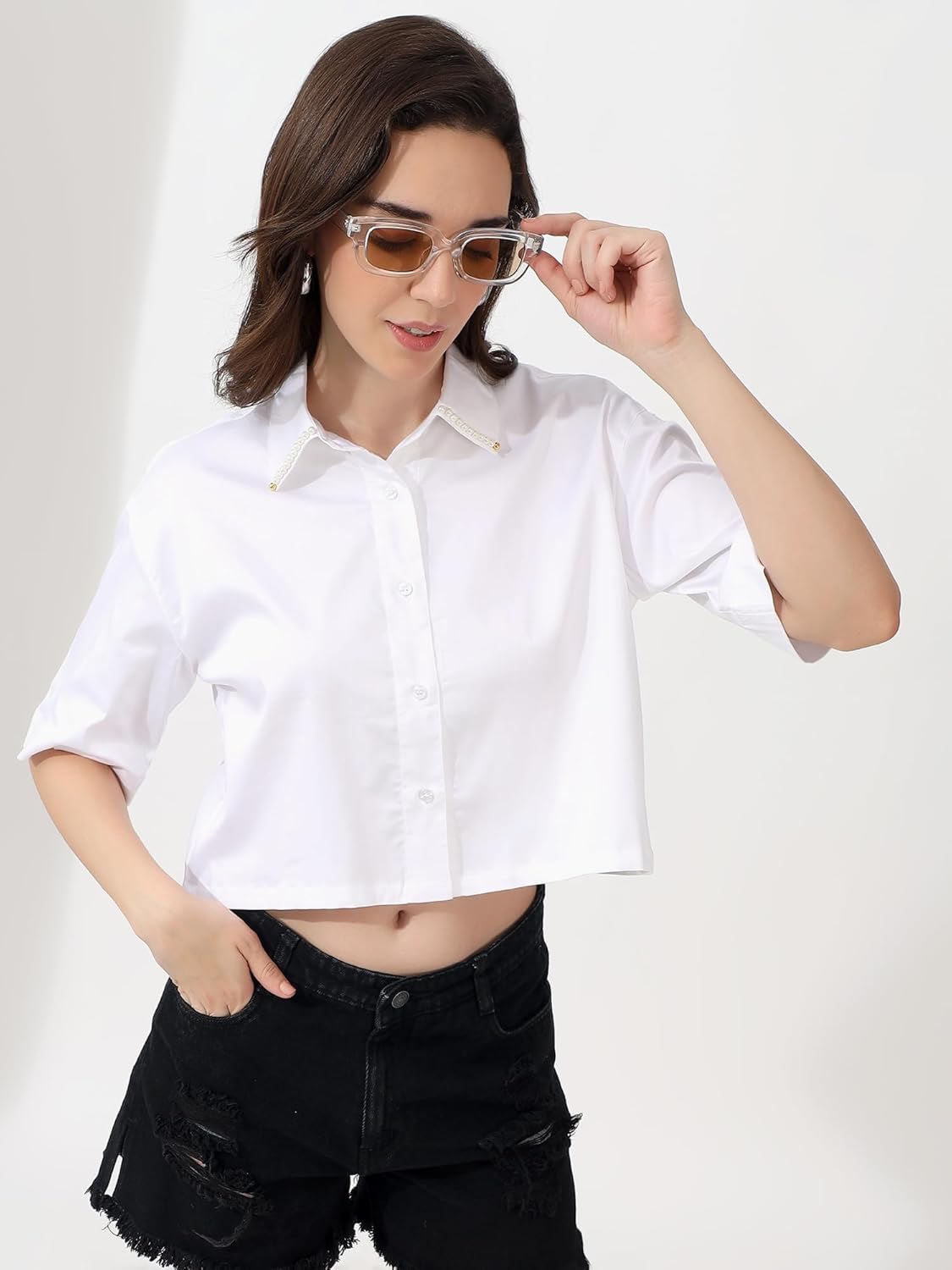 Buttondown Crop Shirt for Women with Pearl Collar & Drop Shoulder Design