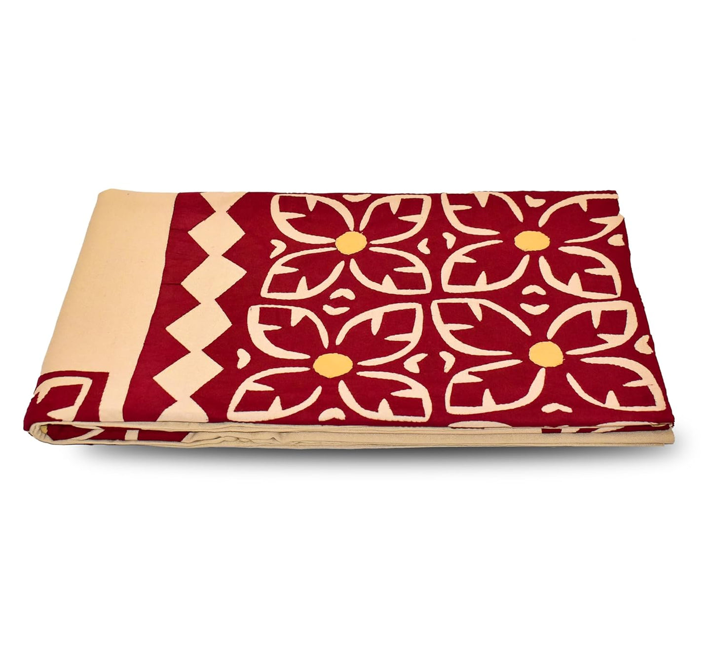 Handmade Applique Work Bedding Set with Traditional Pattern, Double Bed Size, Set with Bedsheet and 2 Pillowcases (Beige)