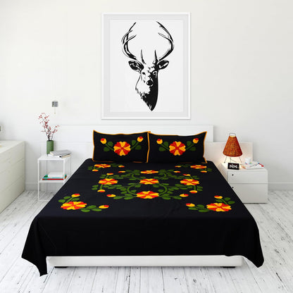 Floral Applique Patchwork Bedsheet Set, King Size Double Bed 90 x 100 Inches, Black with 2 Pillow Covers