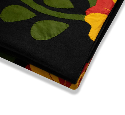 Floral Applique Patchwork Bedsheet Set, King Size Double Bed 90 x 100 Inches, Black with 2 Pillow Covers