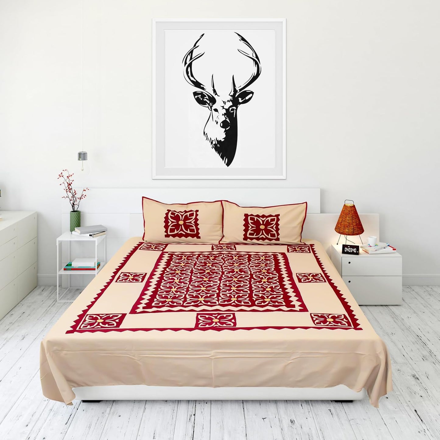 Handmade Applique Work Bedding Set with Traditional Pattern, Double Bed Size, Set with Bedsheet and 2 Pillowcases (Beige)