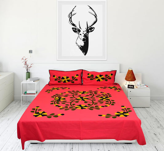 Floral Applique Patchwork Bedsheet Set, King Size Double Bed 90 x 100 Inches, Red with 2 Pillow Covers