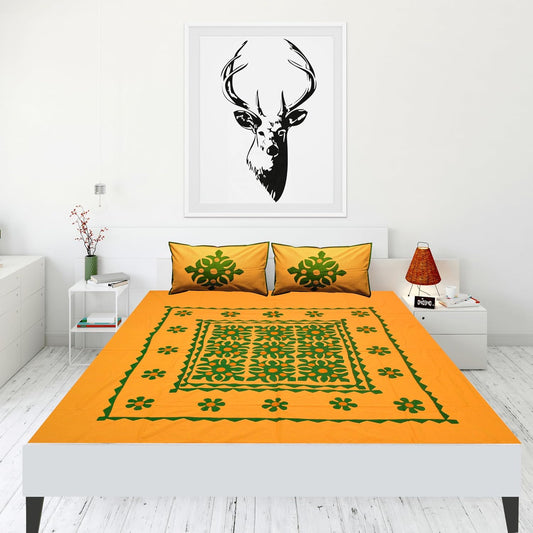 Handmade Applique Work Bedding Set with Traditional Pattern, Double Bed Size, Set with Bedsheet and 2 Pillowcases (Mustard)