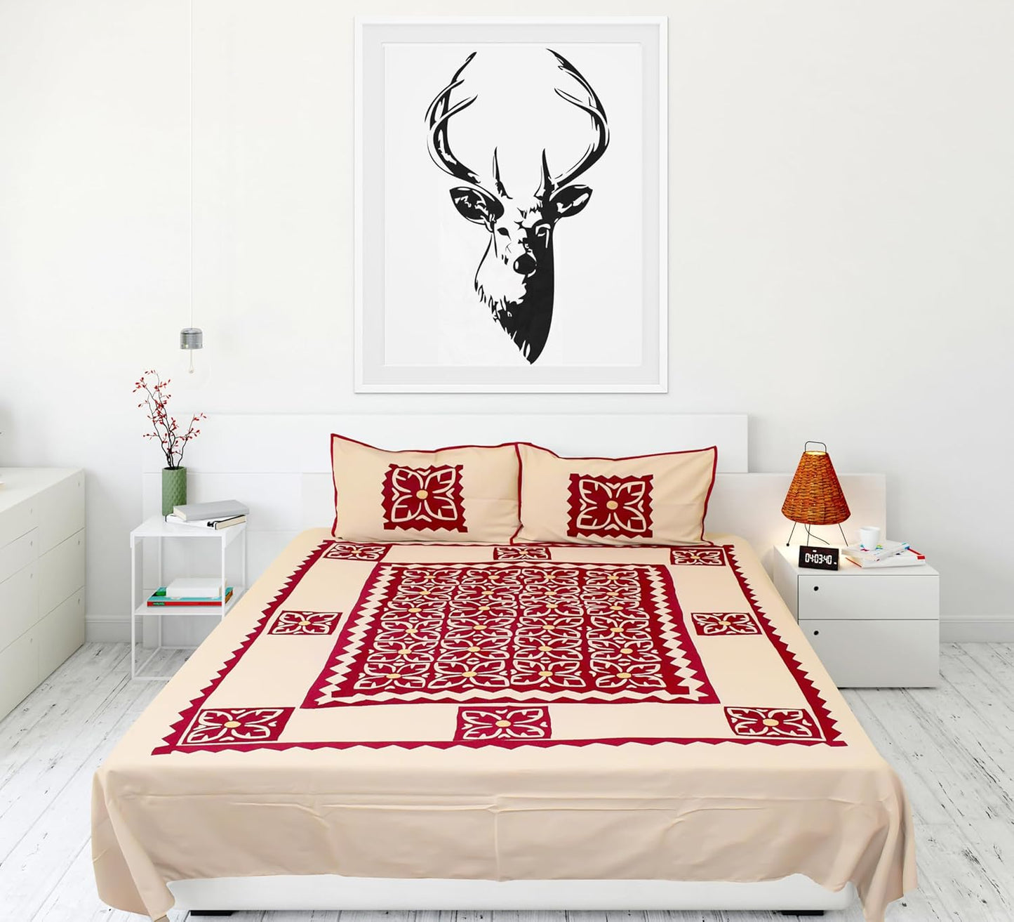 Handmade Applique Work Bedding Set with Traditional Pattern, Double Bed Size, Set with Bedsheet and 2 Pillowcases (Beige)