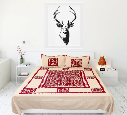 Handmade Applique Work Bedding Set with Traditional Pattern, Double Bed Size, Set with Bedsheet and 2 Pillowcases (Beige)