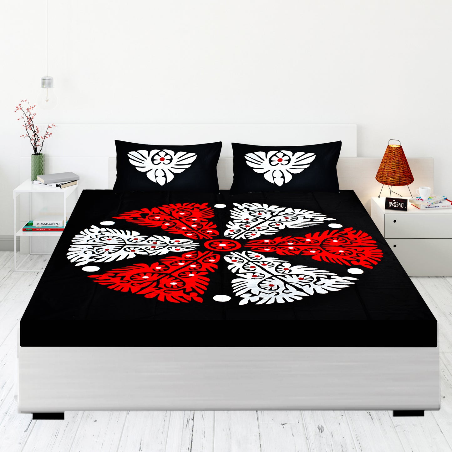 Handmade Applique Work Bedding Set with Traditional Pattern, Double Bed Size, Set with Bedsheet and 2 Pillowcases (BLACK)