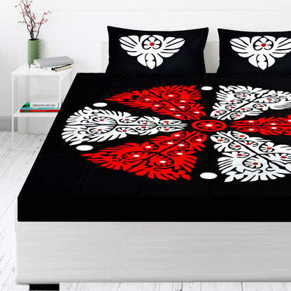 Handmade Applique Work Bedding Set with Traditional Pattern, Double Bed Size, Set with Bedsheet and 2 Pillowcases (BLACK)