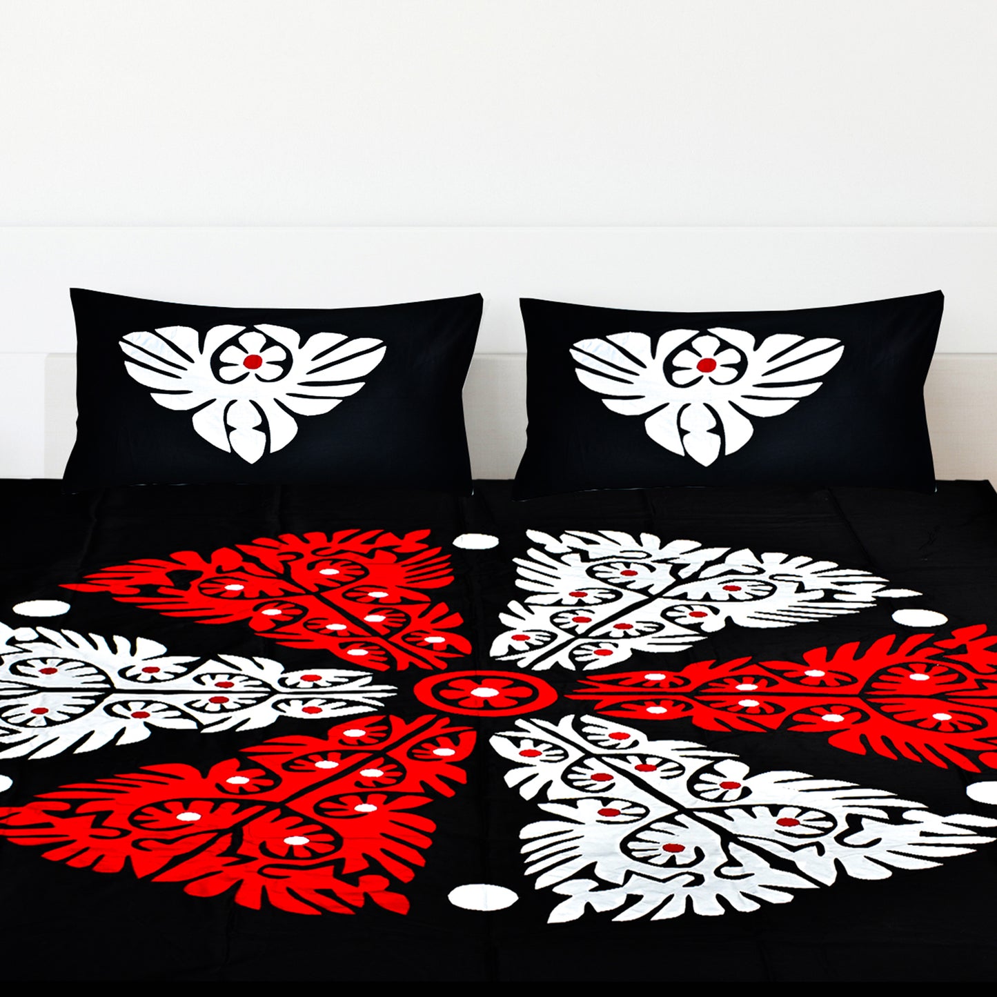 Handmade Applique Work Bedding Set with Traditional Pattern, Double Bed Size, Set with Bedsheet and 2 Pillowcases (BLACK)