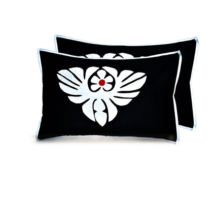 Handmade Applique Work Bedding Set with Traditional Pattern, Double Bed Size, Set with Bedsheet and 2 Pillowcases (BLACK)