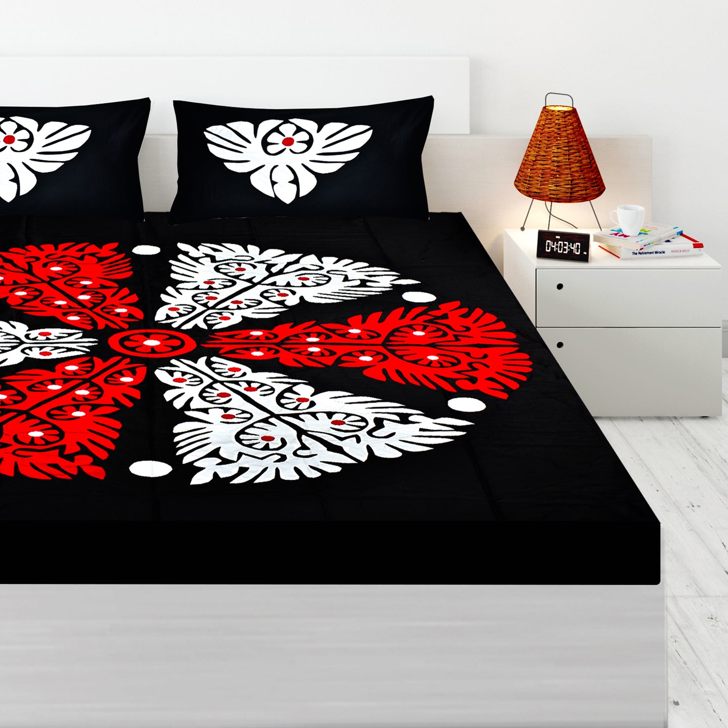 Handmade Applique Work Bedding Set with Traditional Pattern, Double Bed Size, Set with Bedsheet and 2 Pillowcases (BLACK)