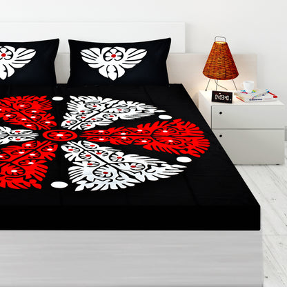Handmade Applique Work Bedding Set with Traditional Pattern, Double Bed Size, Set with Bedsheet and 2 Pillowcases (BLACK)