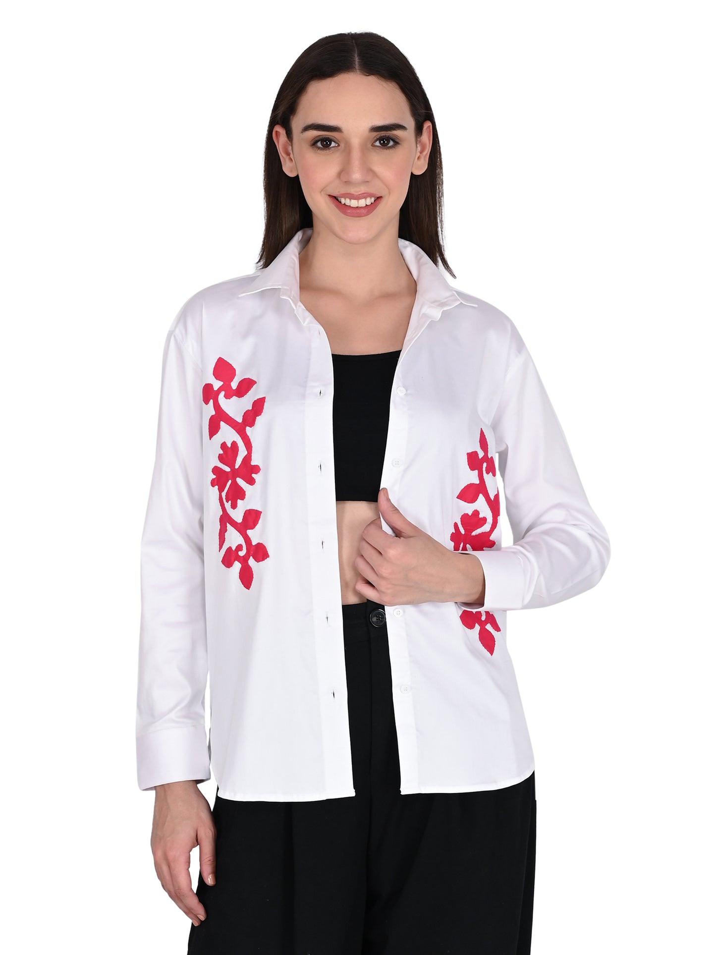 Designer Handmade Applique Patchwork Shirt For Women's, (White)