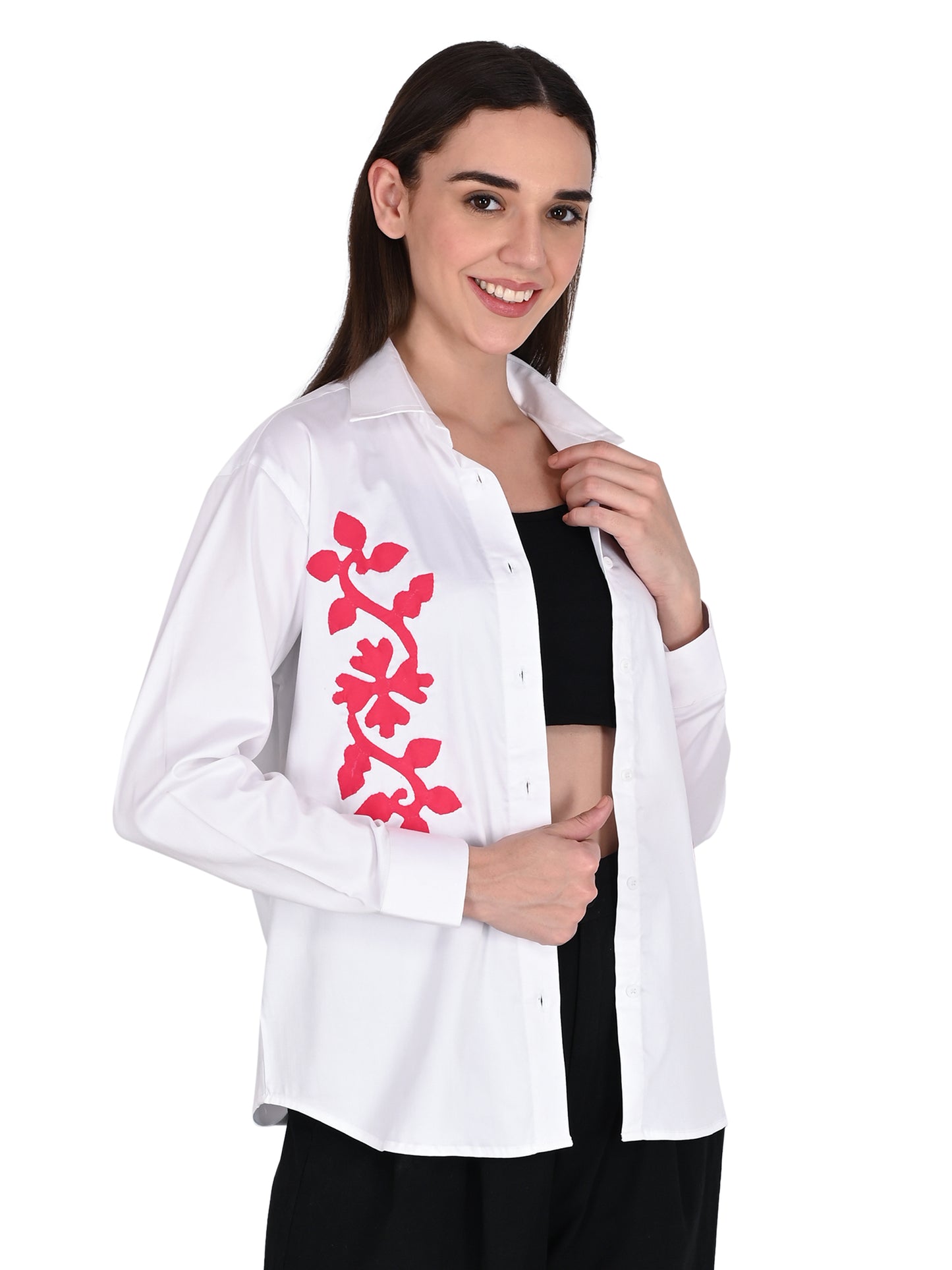 Designer Handmade Applique Patchwork Shirt For Women's, (White)