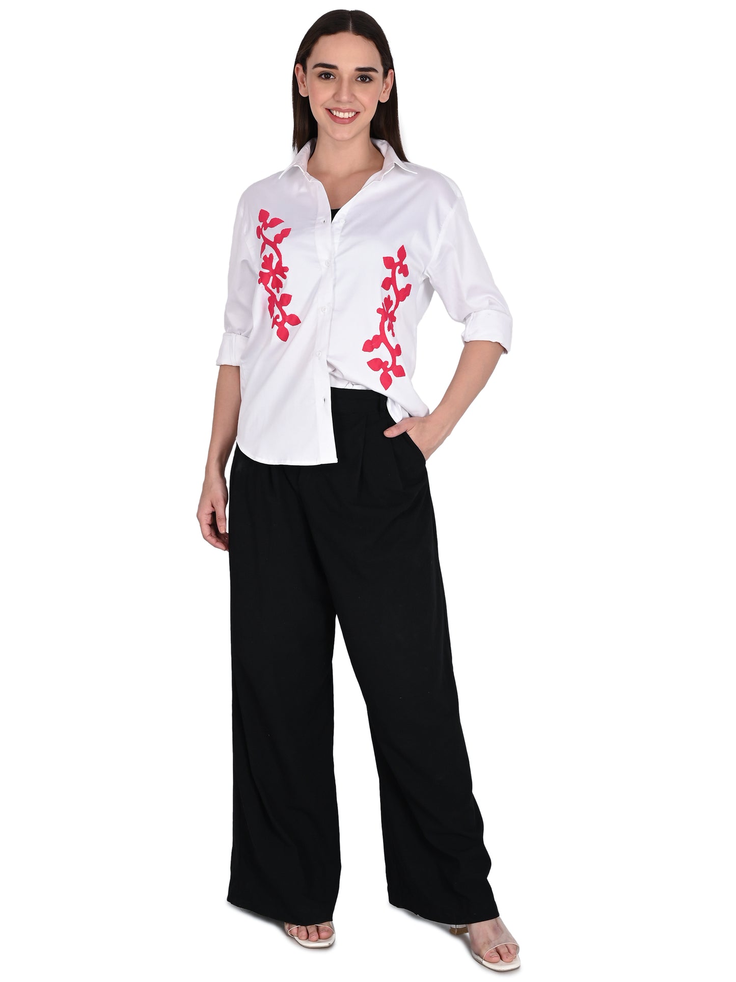 Designer Handmade Applique Patchwork Shirt For Women's, (White)