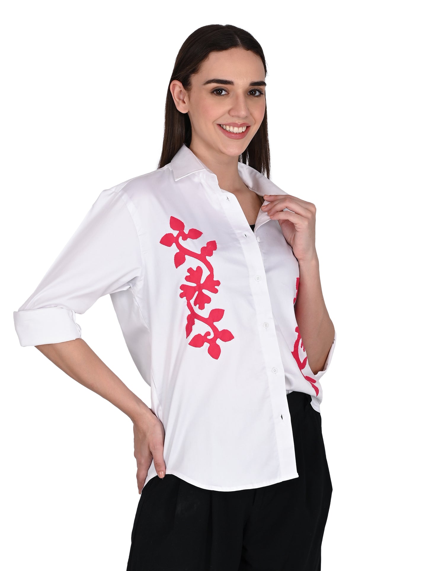 Designer Handmade Applique Patchwork Shirt For Women's, (White)