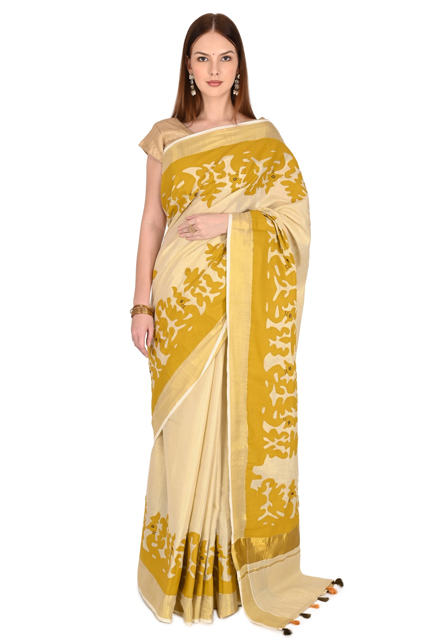 Handmade Applique Patchwork Cream Saree with Mustard Floral Border & Tassel Detailing
