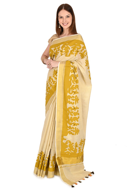 Handmade Applique Patchwork Cream Saree with Mustard Floral Border & Tassel Detailing