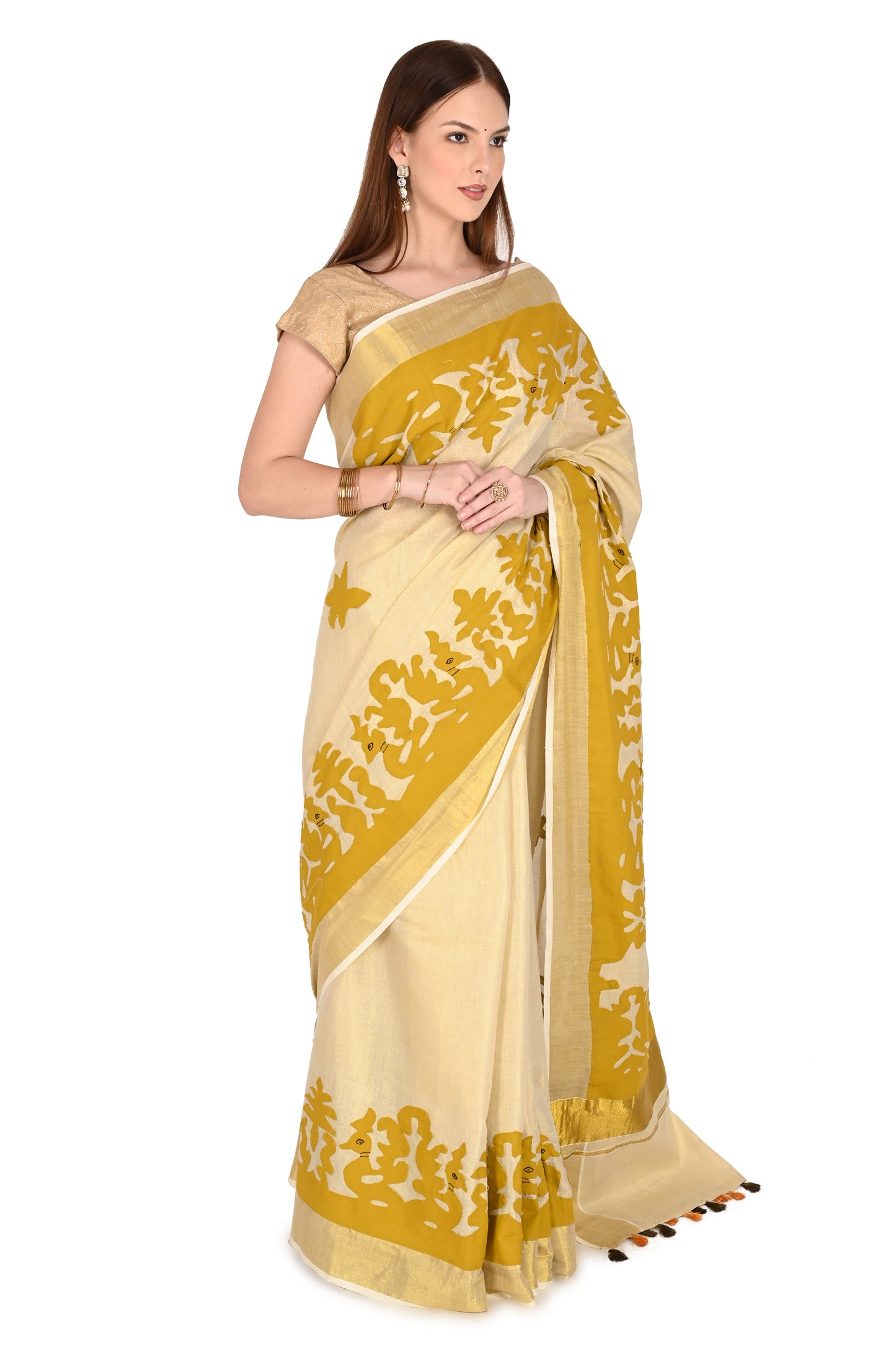 Handmade Applique Patchwork Cream Saree with Mustard Floral Border & Tassel Detailing