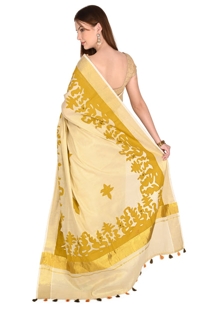 Handmade Applique Patchwork Cream Saree with Mustard Floral Border & Tassel Detailing