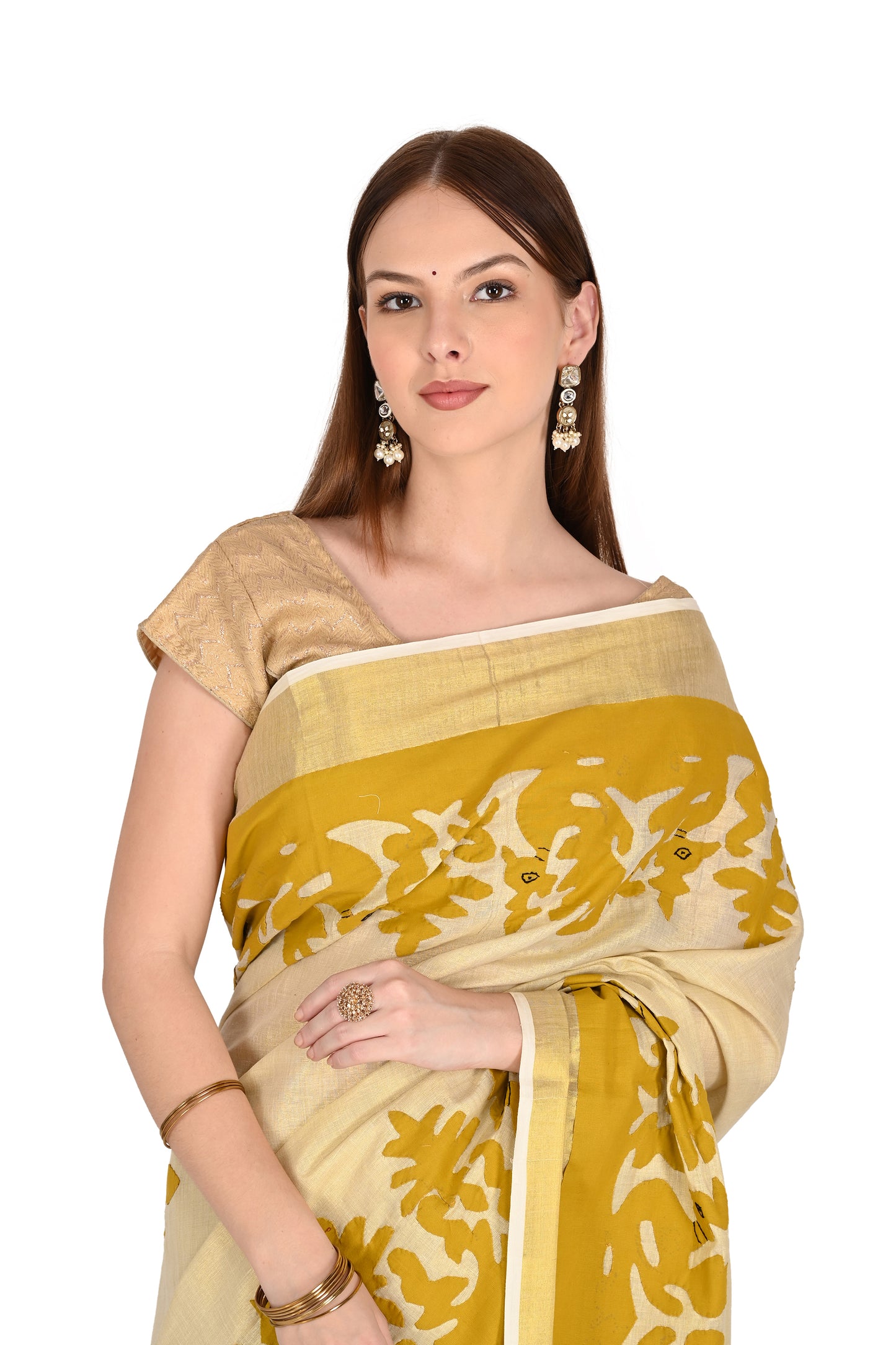 Handmade Applique Patchwork Cream Saree with Mustard Floral Border & Tassel Detailing