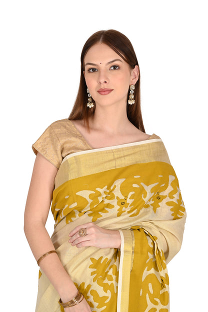 Handmade Applique Patchwork Cream Saree with Mustard Floral Border & Tassel Detailing