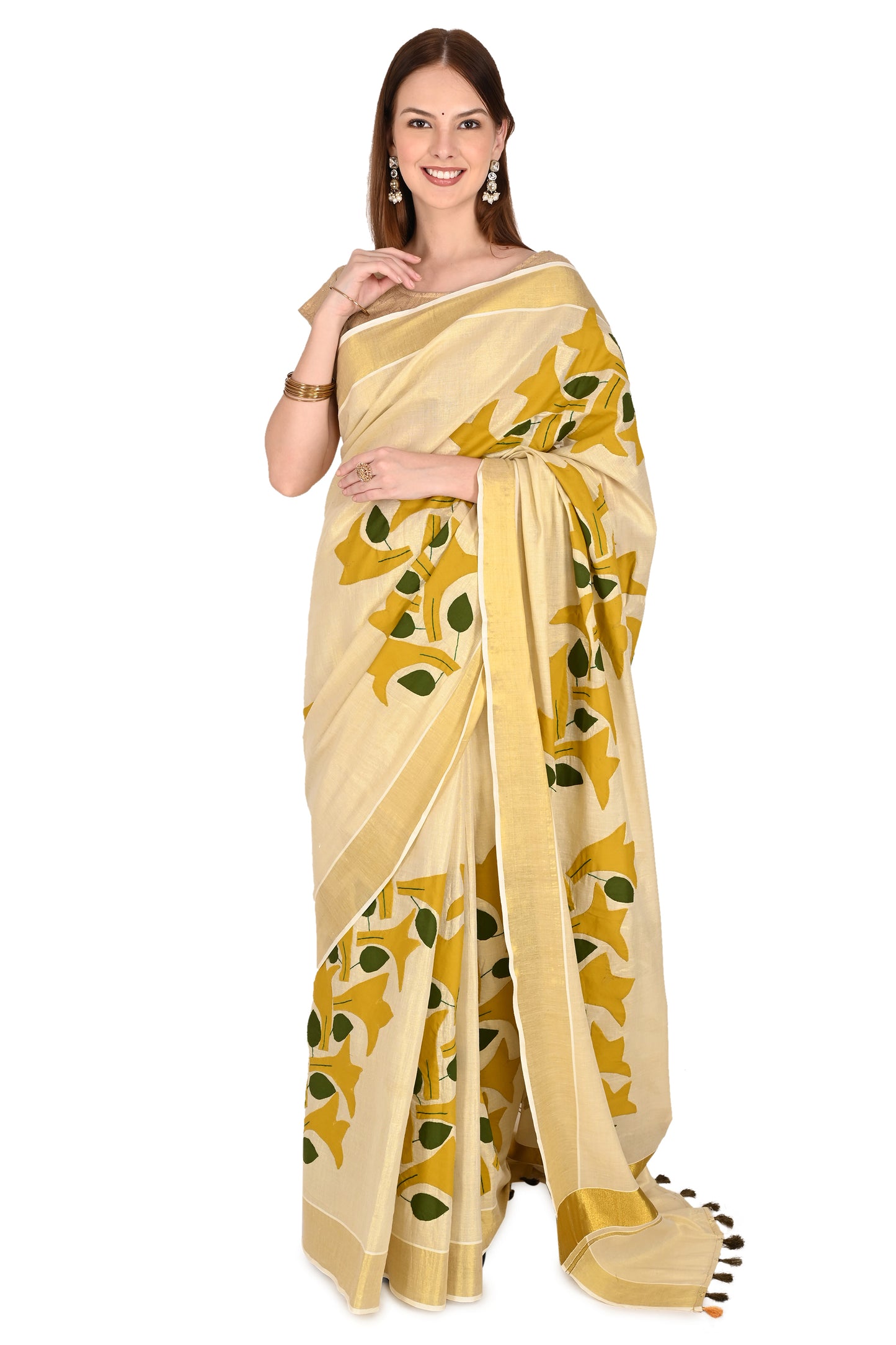 Handmade Cream Saree with Golden-Yellow Floral Applique & Tassel Detailing – Artisan Cotton Elegance