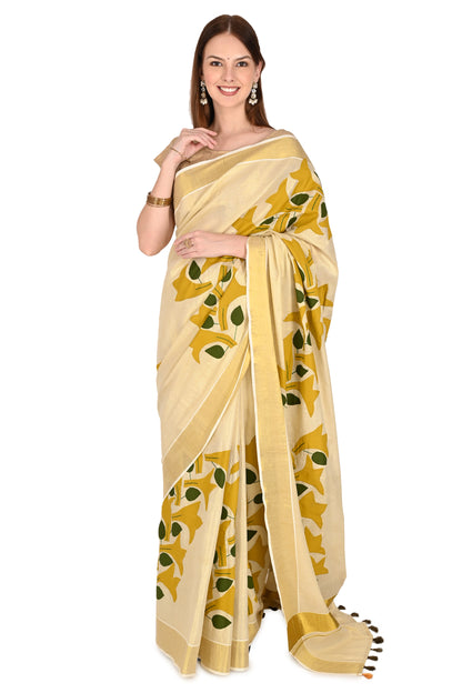 Handmade Cream Saree with Golden-Yellow Floral Applique & Tassel Detailing – Artisan Cotton Elegance