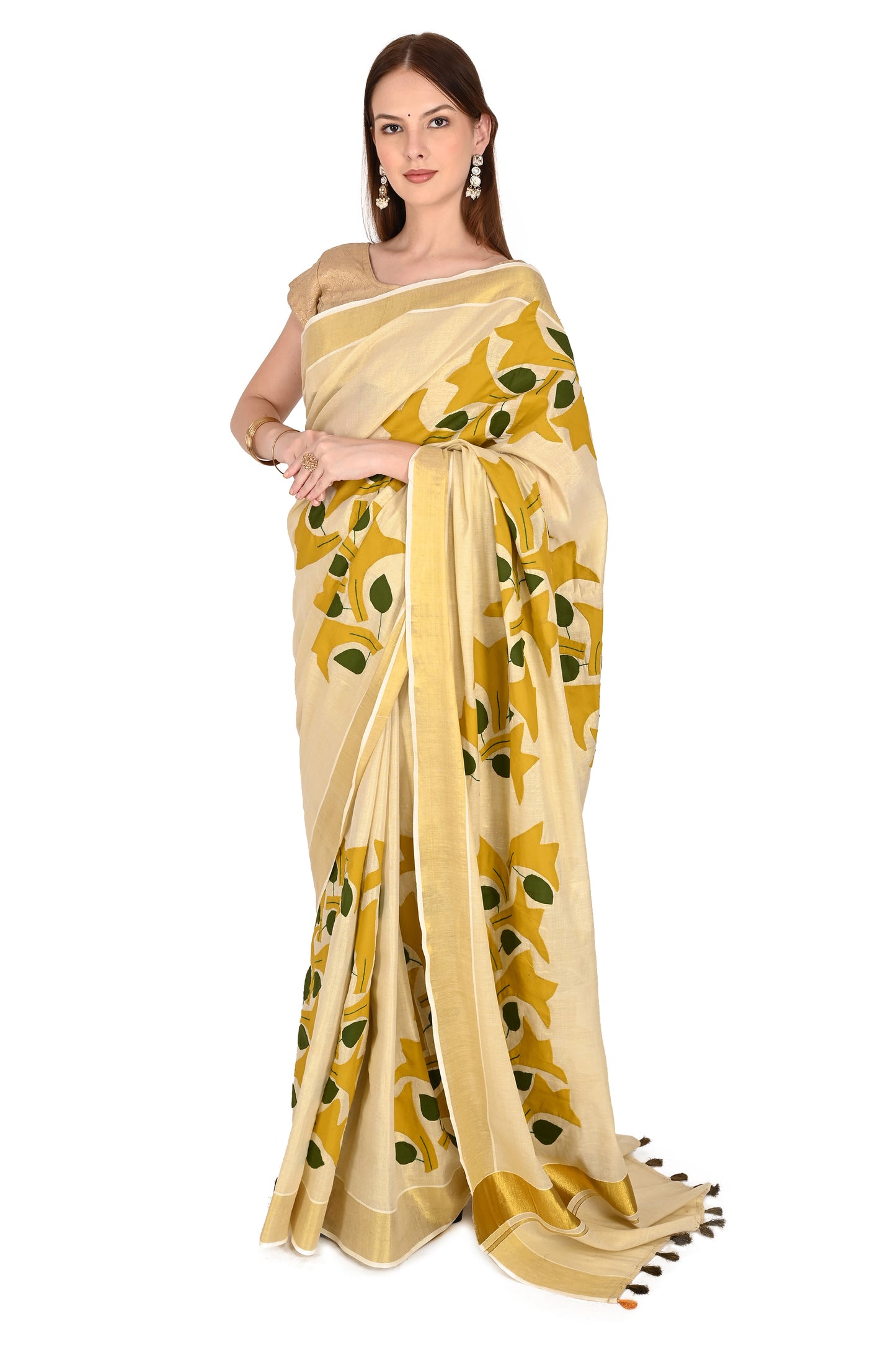 Handmade Cream Saree with Golden-Yellow Floral Applique & Tassel Detailing – Artisan Cotton Elegance