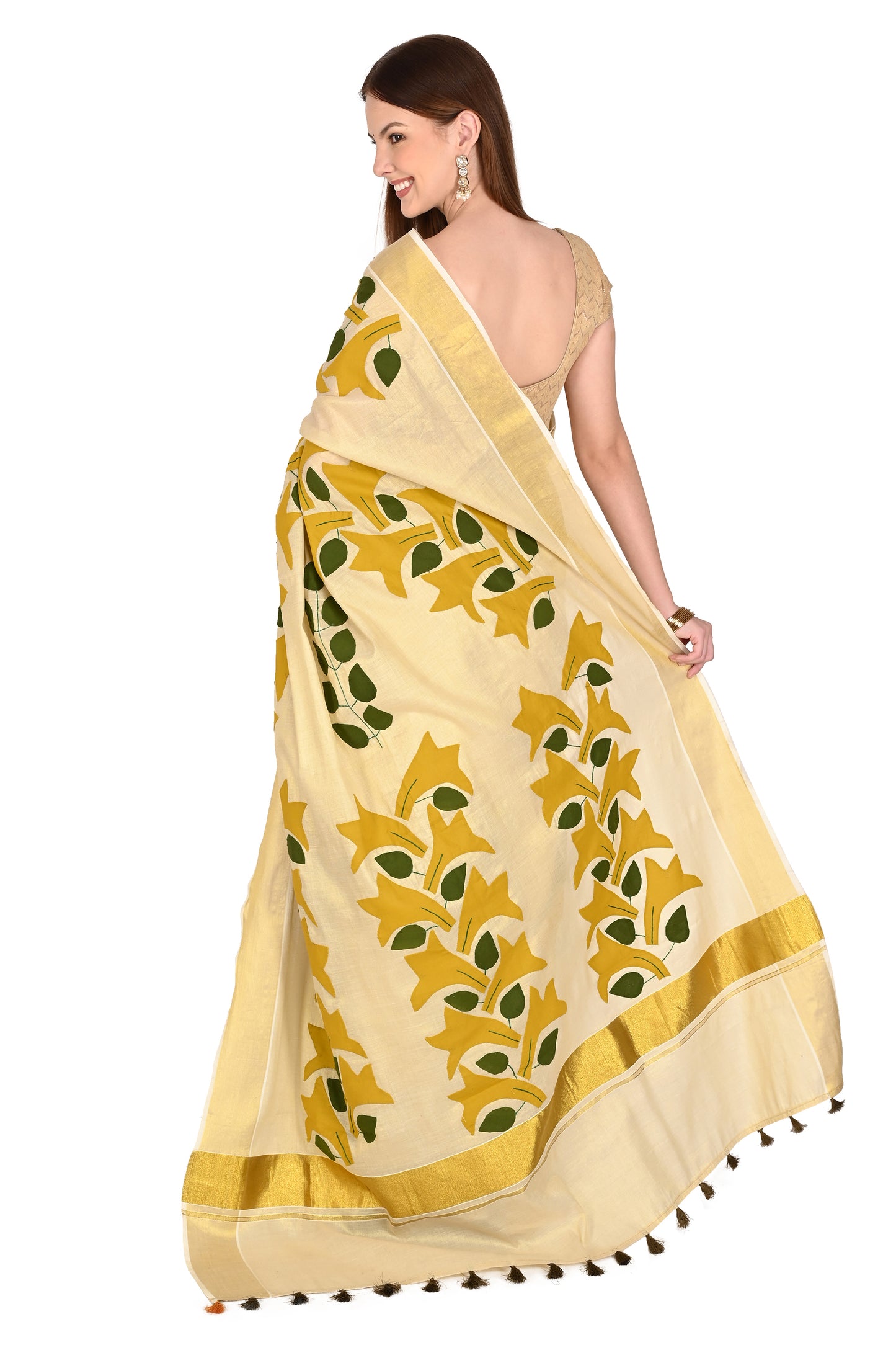 Handmade Cream Saree with Golden-Yellow Floral Applique & Tassel Detailing – Artisan Cotton Elegance