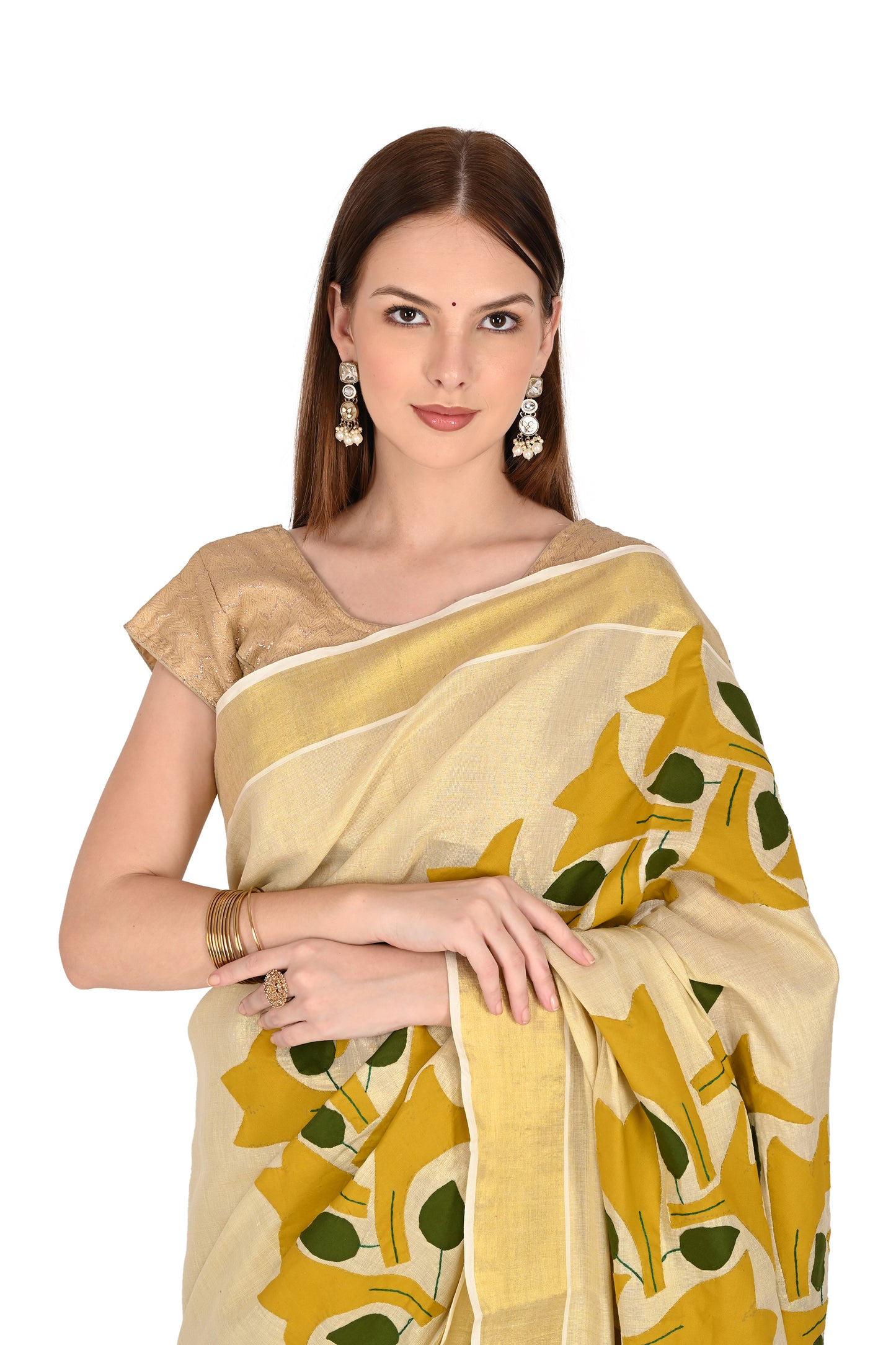 Handmade Cream Saree with Golden-Yellow Floral Applique & Tassel Detailing – Artisan Cotton Elegance