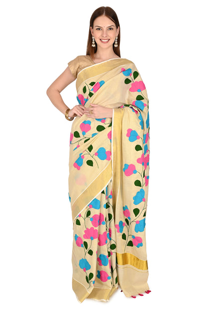 Handmade Cream Saree with Pink & Blue Floral Design Applique Patchwork