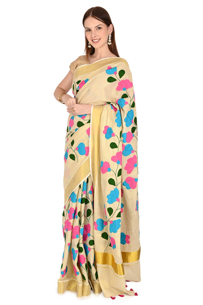 Handmade Cream Saree with Pink & Blue Floral Design Applique Patchwork