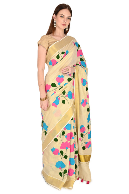 Handmade Cream Saree with Pink & Blue Floral Design Applique Patchwork