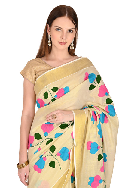 Handmade Cream Saree with Pink & Blue Floral Design Applique Patchwork
