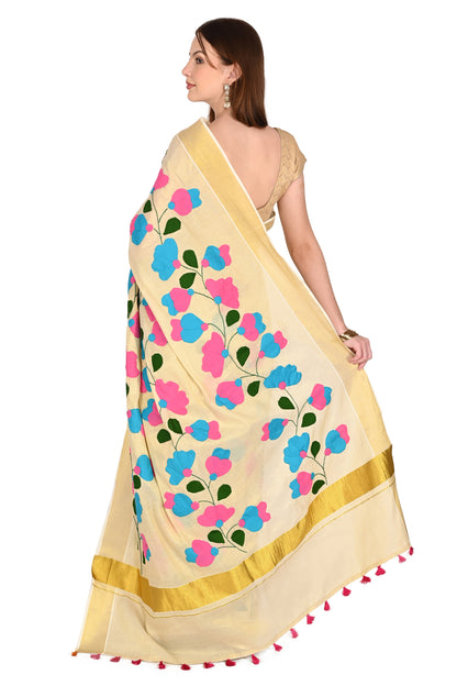Handmade Cream Saree with Pink & Blue Floral Design Applique Patchwork