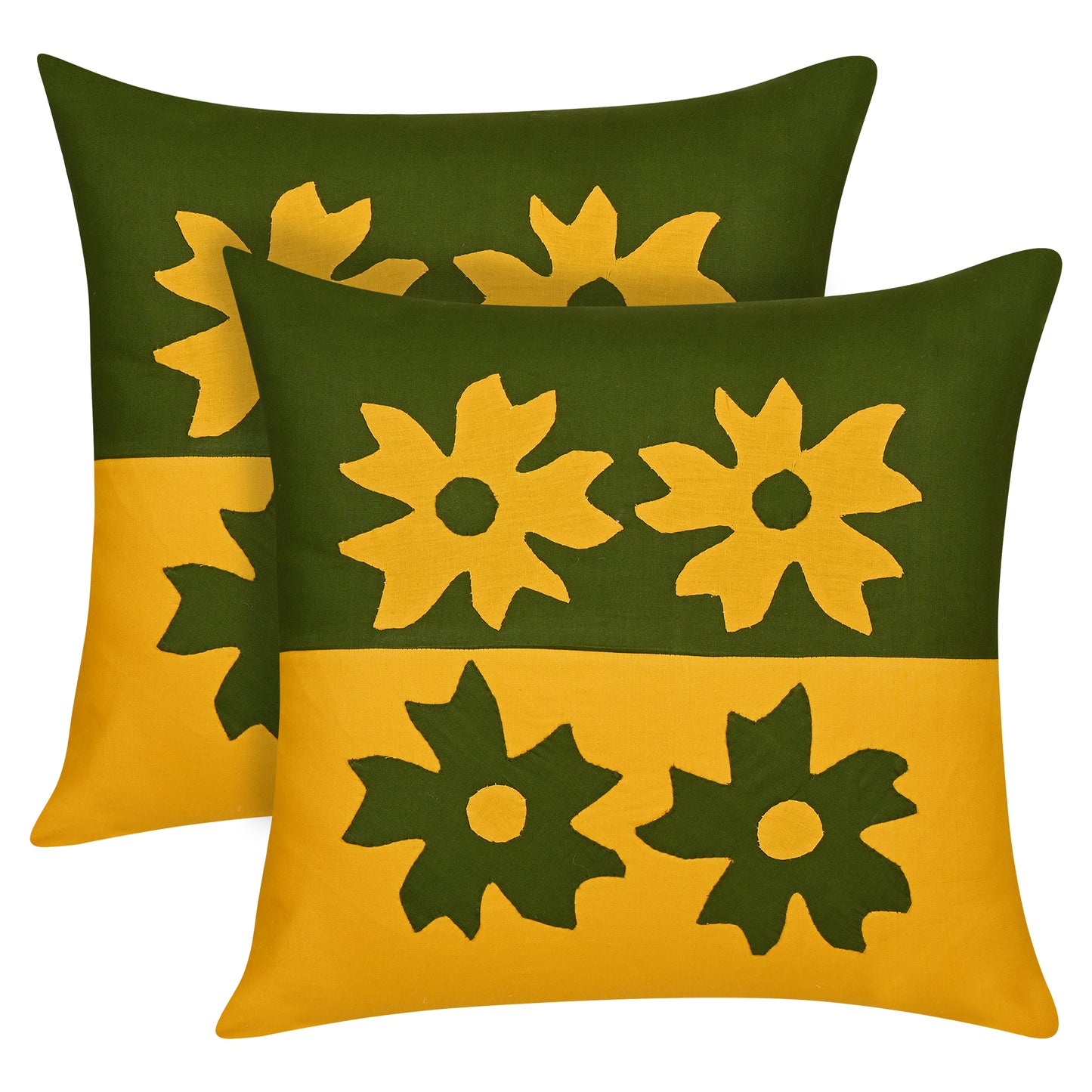Handmade Cushion Cover Applique Patchwork, Set Of 5 Piece , (16X16), Mustard
